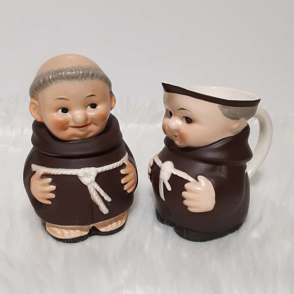 Vintage Goebel Friar Tuck Monk Creamer Jug and Sugar Bowl / Lid Germany